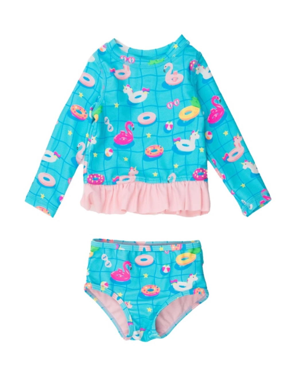 Ruffle Butts Long Sleeve Rash Guard Bikini- Neon Pool Party